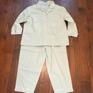 NWOT Delicates Green Striped Pajama Set with Pink Ribbon Accents size 2X